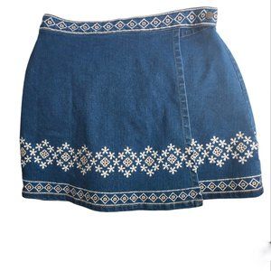 Denim Wrap Mini Skirt, Embroidered